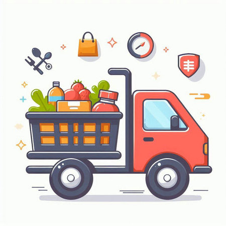 Truck with shopping basket full of healthy food. Vector illustration.のイラスト素材