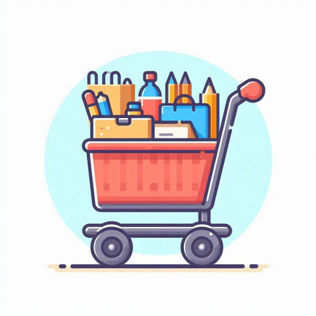 Shopping cart full of stationery. Flat style vector illustration.のイラスト素材