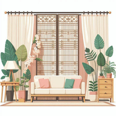 Interior of living room with sofa, plants and curtains. Vector illustrationのイラスト素材