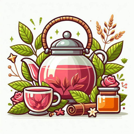 Vector illustration of a cup of tea with teapot, honey and flowers.のイラスト素材