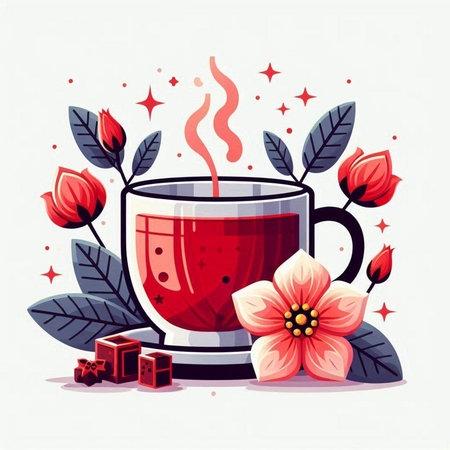 Cup of tea with flowers and red dice. Vector illustration.のイラスト素材