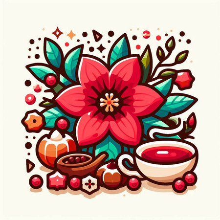 Cup of tea with poinsettia flowers. Vector illustration.のイラスト素材