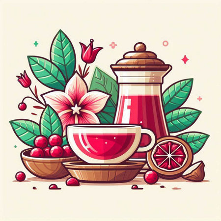 Cup of hot tea with teapot and berries. Vector illustration.のイラスト素材