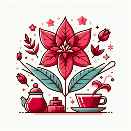 Cup of tea with red poinsettia. Vector illustration.のイラスト素材