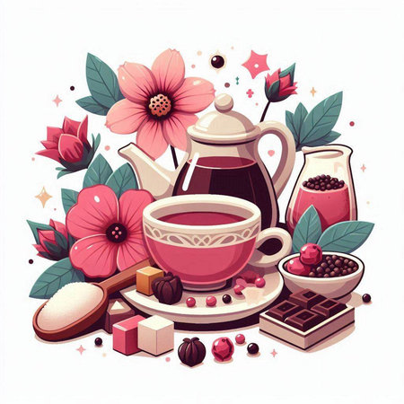 Cup of tea, teapot, candies, sugar, flowers. Vector illustration.のイラスト素材