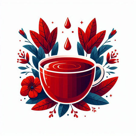 Cup of tea with leaves and red flowers. Vector illustration.のイラスト素材
