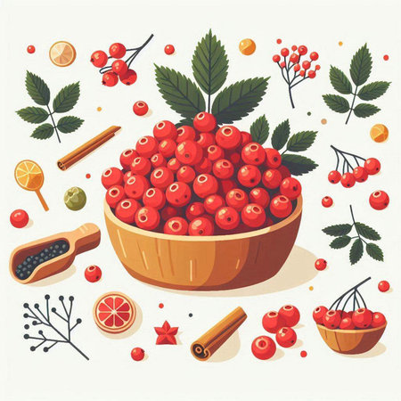 Bowl of red viburnum berries, cinnamon sticks, anise and cloves. Vector illustration.のイラスト素材