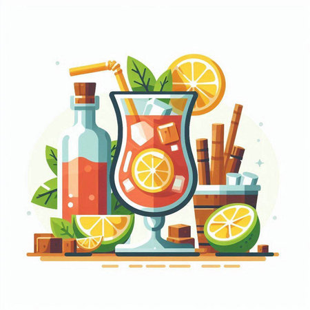 Cocktail flat vector illustration. Alcoholic drink in glass with straw, ice cubes, lime, cinnamon sticks.のイラスト素材