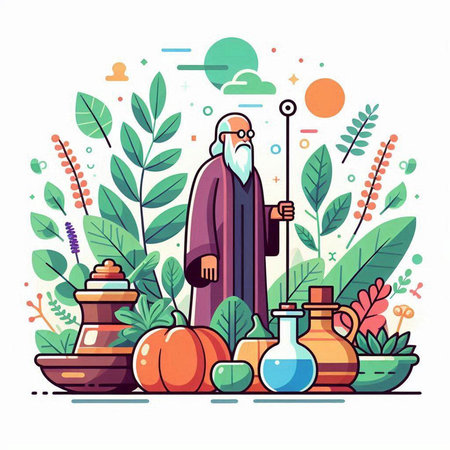 Halloween flat vector illustration. Cartoon man with pumpkin, potion, mortar and pestle.のイラスト素材
