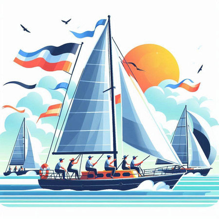 Sailing yachts on the sea. Vector illustration in flat styleのイラスト素材