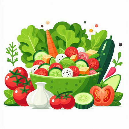 Vegetable salad in a bowl. Healthy food. Vector illustration.のイラスト素材