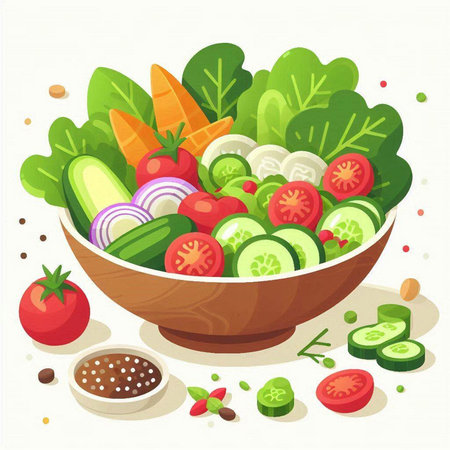 Fresh vegetable salad in a bowl. Healthy food. Vector illustration.のイラスト素材