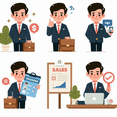Businessman cartoon character vector design. Set of various poses and actions.のイラスト素材