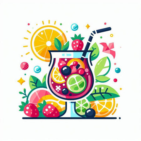 Cocktail with fruits and berries. Colorful flat vector illustration.のイラスト素材