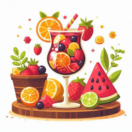 Cocktail with fruits and berries. Vector illustration in cartoon styleのイラスト素材
