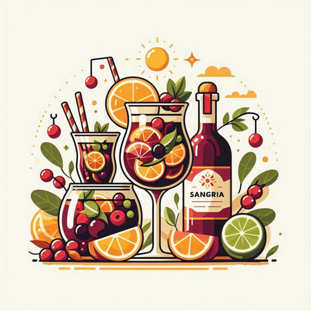 Cocktail with fruits and berries in flat style. Vector illustration.のイラスト素材