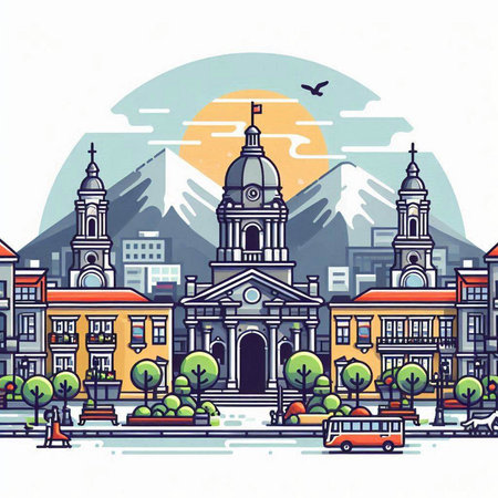 Cityscape with church in the center of the city, vector illustrationのイラスト素材