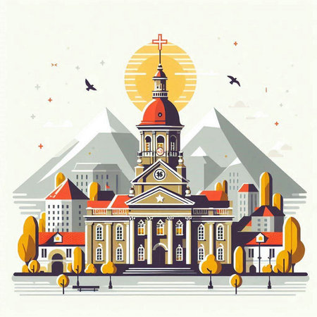 Church on the background of the mountains. Vector illustration in flat style.のイラスト素材