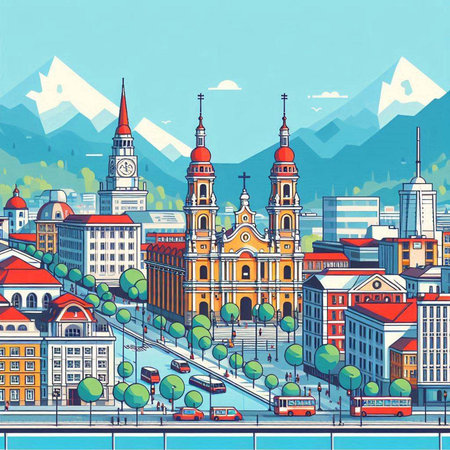 Cityscape with buildings, streets and high peaks of the Alps.のイラスト素材