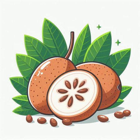 Sapodilla fruit with leaves on white background. Vector illustration.のイラスト素材