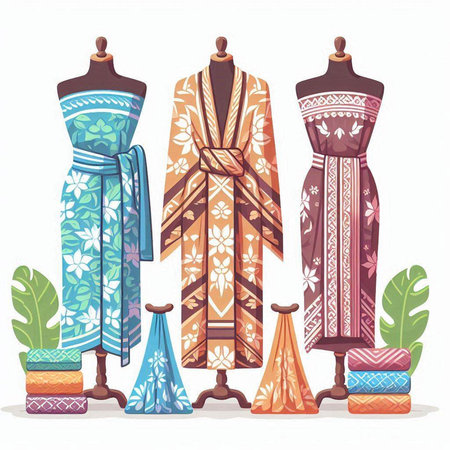 set of colorful towels and shawls on mannequinsのイラスト素材