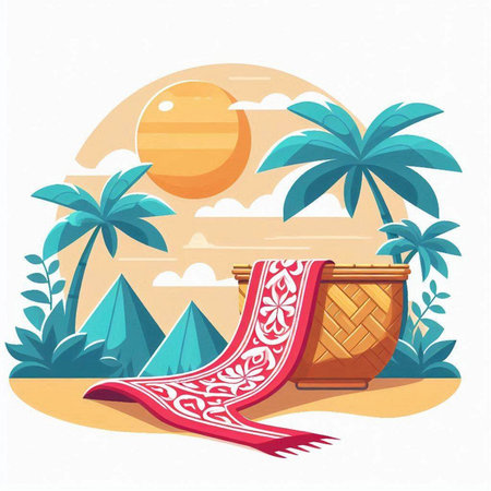 Beautiful vector illustration of a tropical beach with palm trees, sun and a basket.のイラスト素材