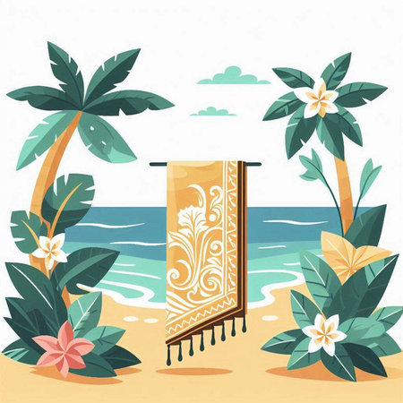 Tropical beach with palm trees and flowers. Vector illustration.のイラスト素材