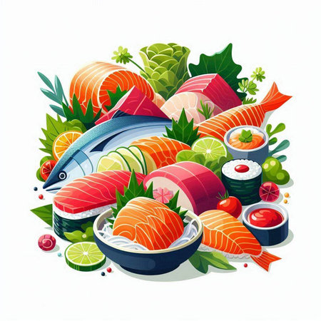 Sushi set with salmon, tuna, shrimp, caviar, avocado, cucumber, soy sauce, gingernnaise, wasabi. Vector illustrationのイラスト素材