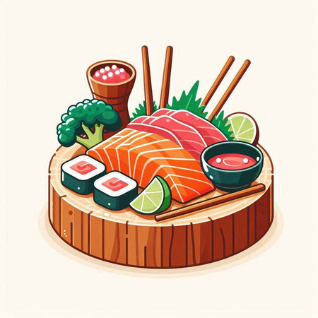 Illustration of Sushi and Sashimi Served with Chopsticksのイラスト素材