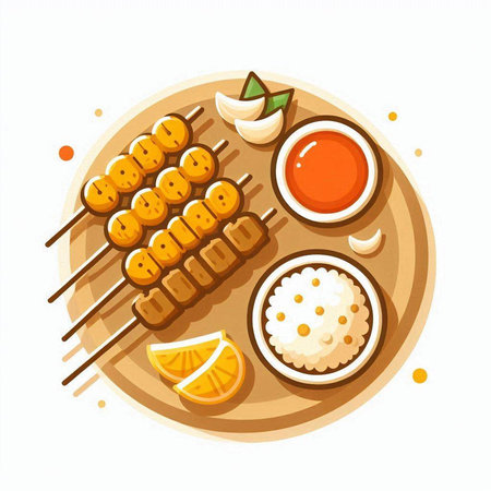 Skewers with sauce on a wooden board. Vector illustrationのイラスト素材