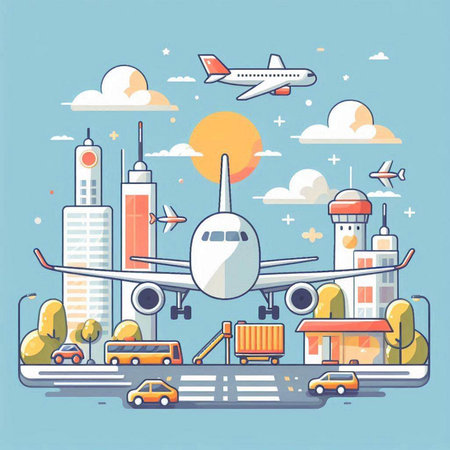 Vector illustration of a flat design of a modern city with airplanes, cars, buildings and skyscrapersのイラスト素材