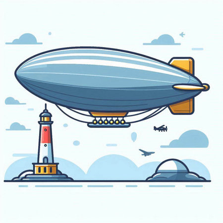 Airship with lighthouse in the sky. Vector illustration in flat styleのイラスト素材