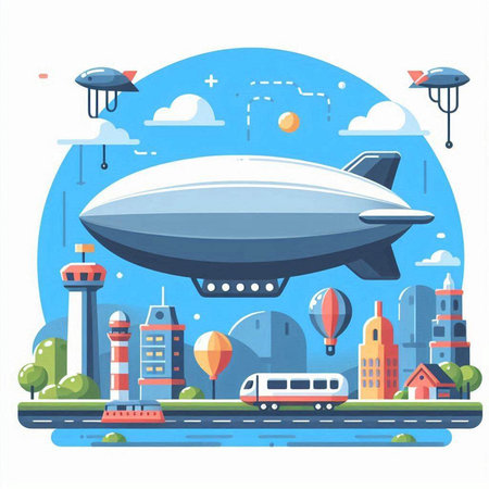 Airship on the background of the city. Vector illustration in flat styleのイラスト素材