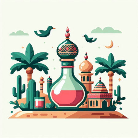 Colorful flat vector illustration of mosque, cacti and palm trees.のイラスト素材