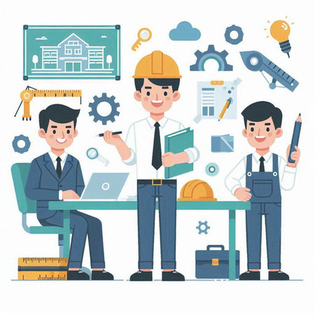 Architect, Engineer, Engineer, Architect, Engineer, Engineer, Architect, Engineer, Architecture, Building, Construction Concept. Vector Illustrationのイラスト素材