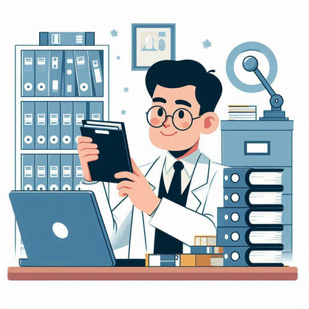 Vector illustration of a doctor in a white coat and glasses working at the officeのイラスト素材