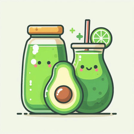 Smiling avocado and smoothie in a glass jar, vector illustrationのイラスト素材