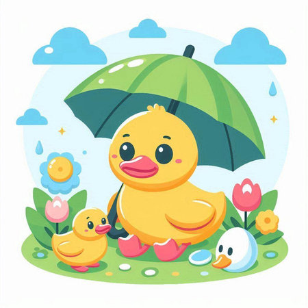 Cute baby duckling with umbrella. Vector illustration in cartoon styleのイラスト素材