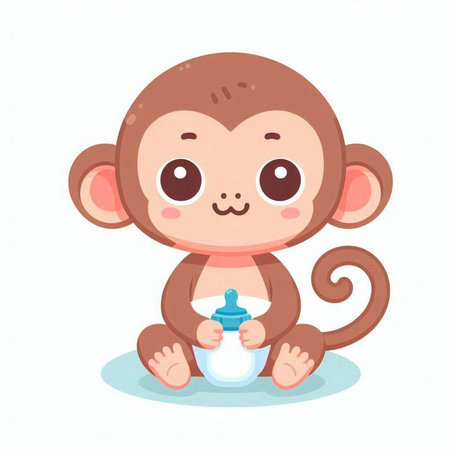 Cute baby monkey with bottle of milk. Vector illustration in cartoon style.のイラスト素材