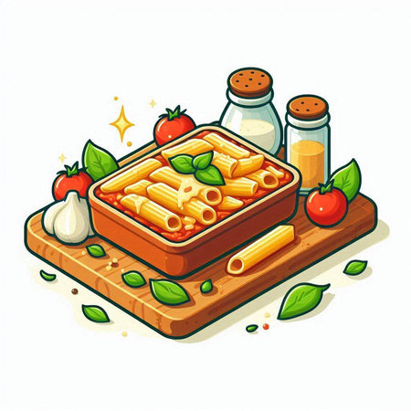 Pasta with tomato sauce and basil on wooden board. Vector illustrationのイラスト素材