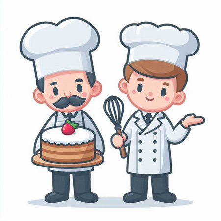Chef boy and boy with cake and whisk cartoon vector illustration.のイラスト素材