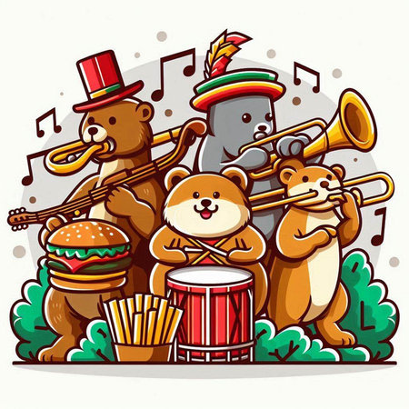 Vector illustration of a group of bears playing different musical instruments on white background.のイラスト素材
