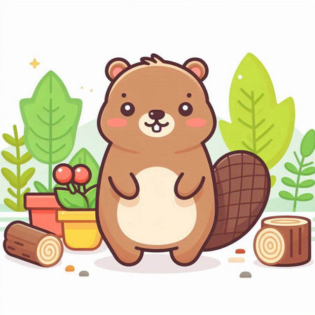 Cute beaver sitting on the ground in the garden. Vector illustration.のイラスト素材