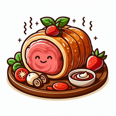 Smiling ham roll with strawberry and ketchup. Vector illustration.のイラスト素材
