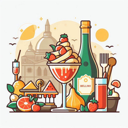 Vector illustration of a set of food and drinks in the city.のイラスト素材