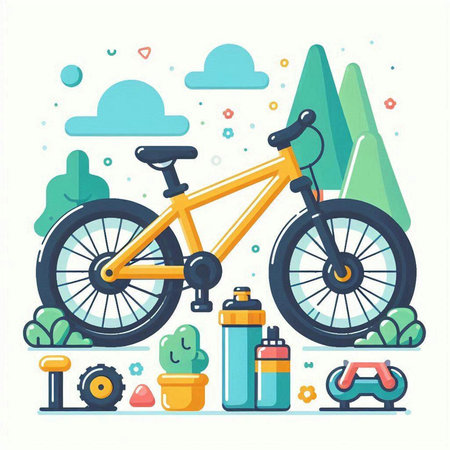 Bicycle and equipment. Vector illustration in flat style. Bicycle for healthy lifestyle.のイラスト素材