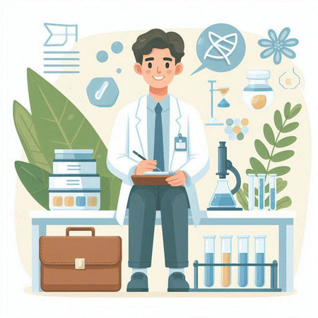 Scientist working in laboratory. Vector illustration in flat cartoon style.のイラスト素材