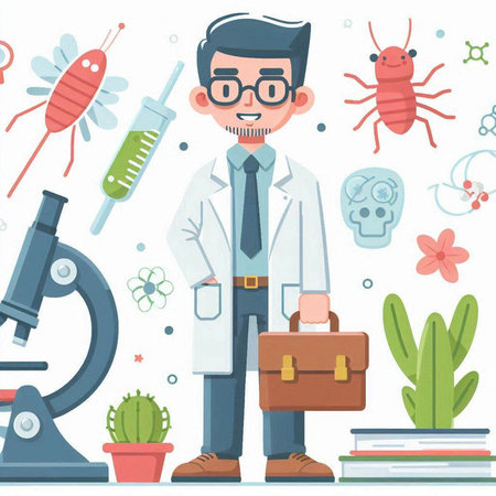 Scientist in laboratory flat vector illustration. Cartoon scientist with microscope, flask, test tube, flasks and other equipment.のイラスト素材