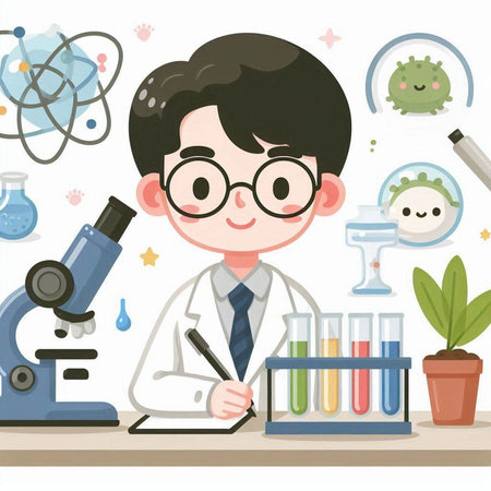 Scientist working in laboratory with microscope and test tubes. Vector illustration.のイラスト素材