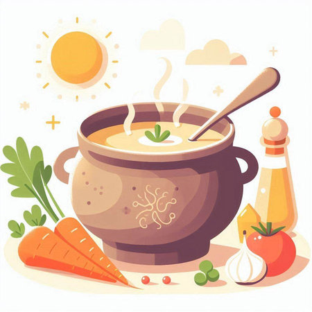 Vegetable soup in a pot. Vector illustration. Cartoon style.のイラスト素材